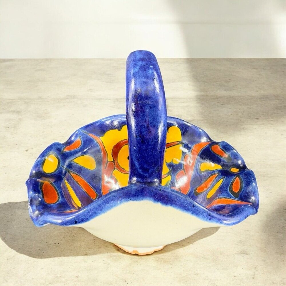 Vintage Talavera Mexico Pottery Hand Made Basket Bowl Hand Painted Signed Bottom